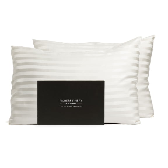 Fishers Finery 30mm 100% Pure Mulberry Silk Pillowcase Set (White Stripe, Queen, 2 Pack)