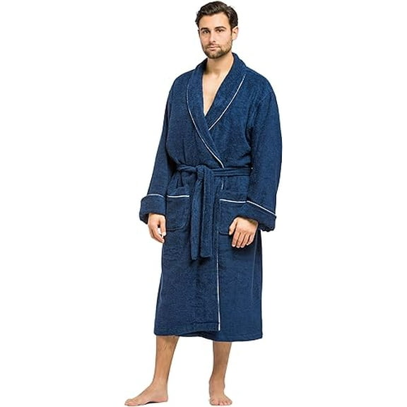 Fishers Finery Men's EcoFabric Resort Terry Robe - Full Length Bathrobe; Rolled Cuffs, Shawl Collar (L/XL, Navy)