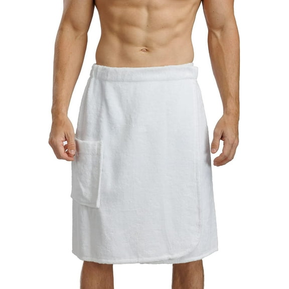 Fishers Finery Men's Terry Cloth Spa Wrap - Elastic Waistband with Snap Closure and Pocket (White, One Size Fits Most)