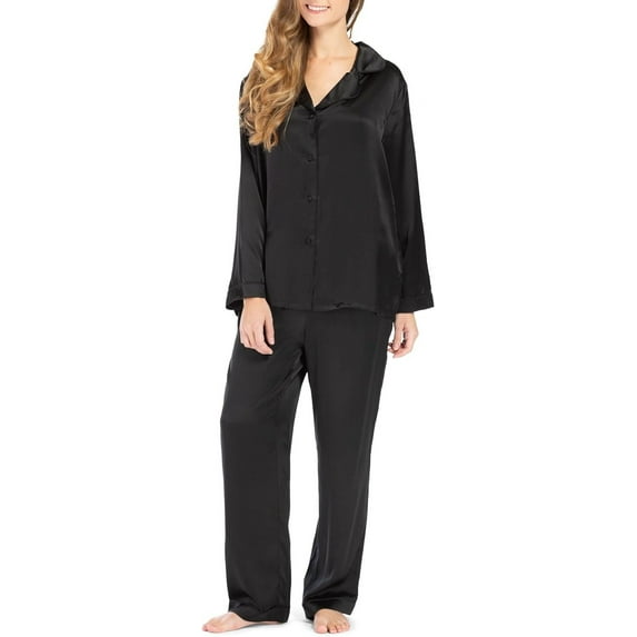 Fishers Finery Women's 100% Mulberry Silk Long Pajama Two Piece Set with Gift Box (Black, M)