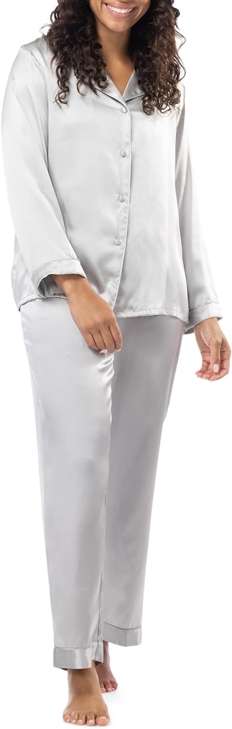 Fishers Finery Women's 100% Mulberry Silk Long Pajama Two Piece Set ...