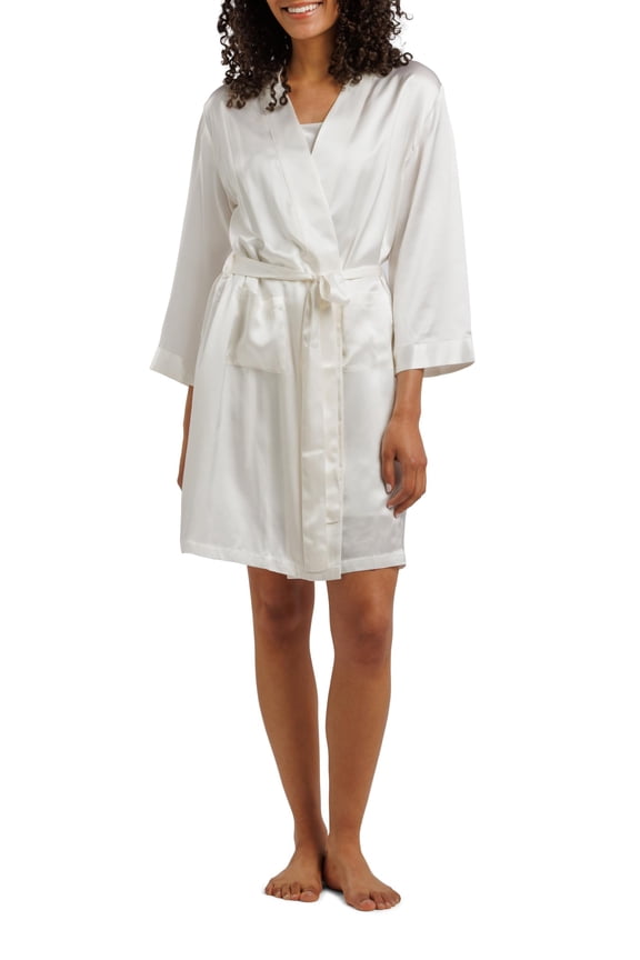 Women's 100% Pure Mulberry Silk Bathrobe; Above Knee (Ivory, M)