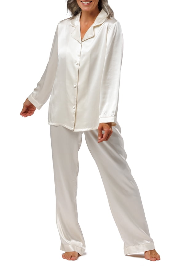 Women's 100% Pure Mulberry Silk Long Pajama Set with Gift Box (White, M)