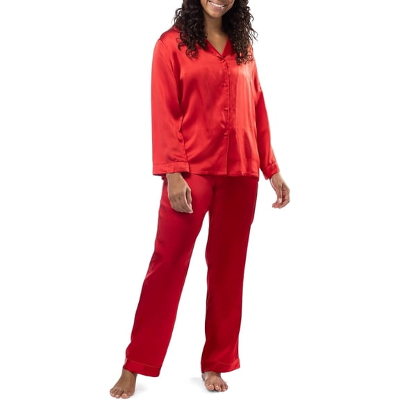 Fishers Finery Women's 100% Pure Mulberry Silk Long Pajama Set with Gift Box (Red, S)