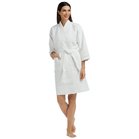Fishers Finery Women's Waffle Kimono Resort Spa Robe; Above Knee with Tie Waist; Ultra Absorbent (White, XL)