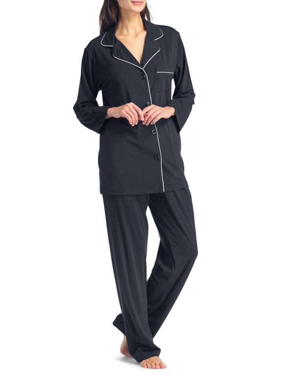 Women's EcoFabric Full Length Pajama Set; Long Sleeve NEW FABRIC (Black, XL)