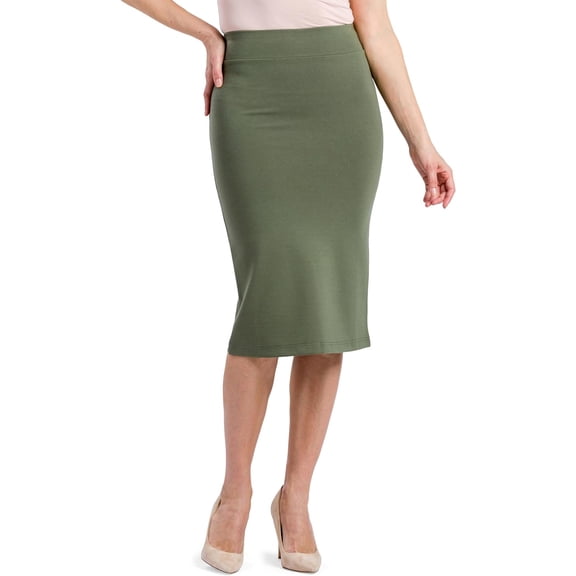 Fishers Finery Women's Ecofabric Ponte Stretch Long Pencil Skirt; Below Knee Classic Midi Length, Casual Day to Night Wear (Olive, L)