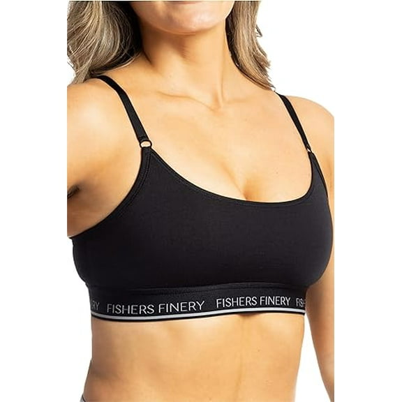 Fishers Finery Women's Light Support Adjustable Spaghetti Strap Everyday Bralette - Wire Free Logo Band Soft Stretchy Cotton Modal Blend Fabric (Black, L)