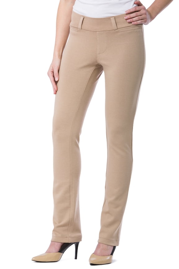 Women's Khaki Ponte Stretch Straight Leg Work Slacks Pull On Mid Rise, Small