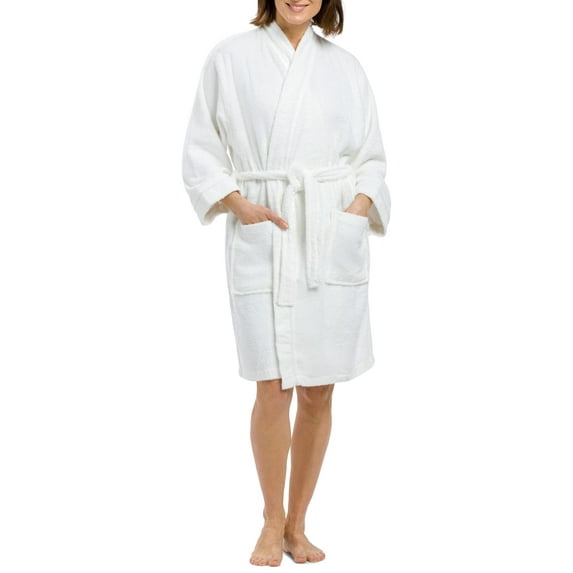 Fishers Finery Women's Short Cotton Terry Kimono Bathrobe with Pockets (White, M)