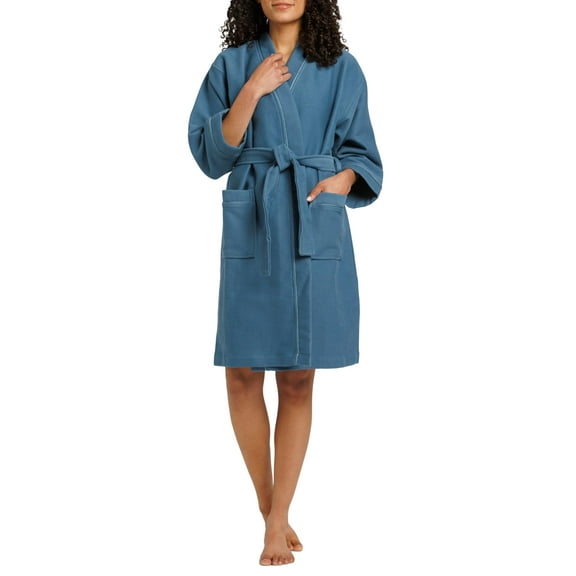 Fishers Finery Women's Waffle Kimono Resort Spa Robe; Above Knee with Tie Waist; Ultra Absorbent (Blue, L)
