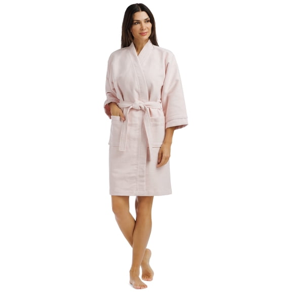 Fishers Finery Women's Waffle Kimono Resort Spa Robe; Above Knee with Tie Waist; Ultra Absorbent (Pink, L)