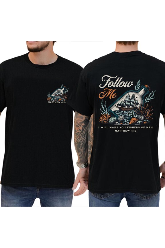 Fishers of Men Christian T-Shirt – Double-Sided Scripture Tee with Deer Hunter Graphic, Religious Faith Shirt, Unisex Worship Top