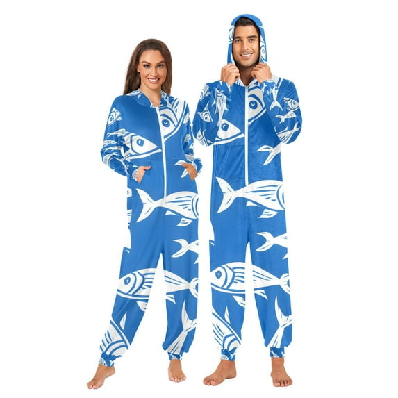 Fishes Adult Onesie Pajamas Slim Fit Christmas One Piece Suit Pjs for Women and Men Hooded Zipper