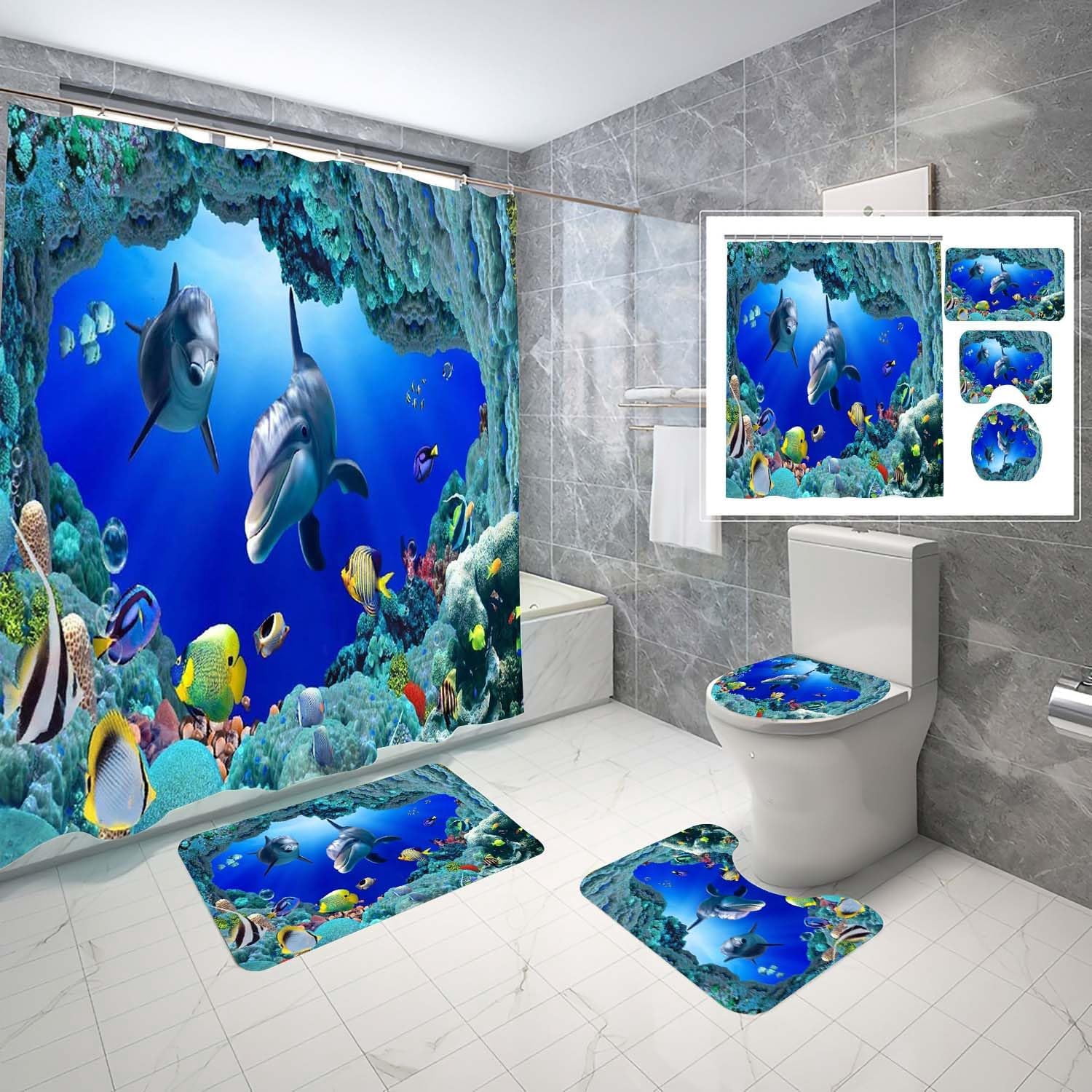 and Fishes Bathroom Sets with Rugs and Accessories Blue Ocean Seaweed Shower Curtains Set Bathroom Sets for Boys and Girls Underwater Sea World Bathroom Sets with Bath Mat