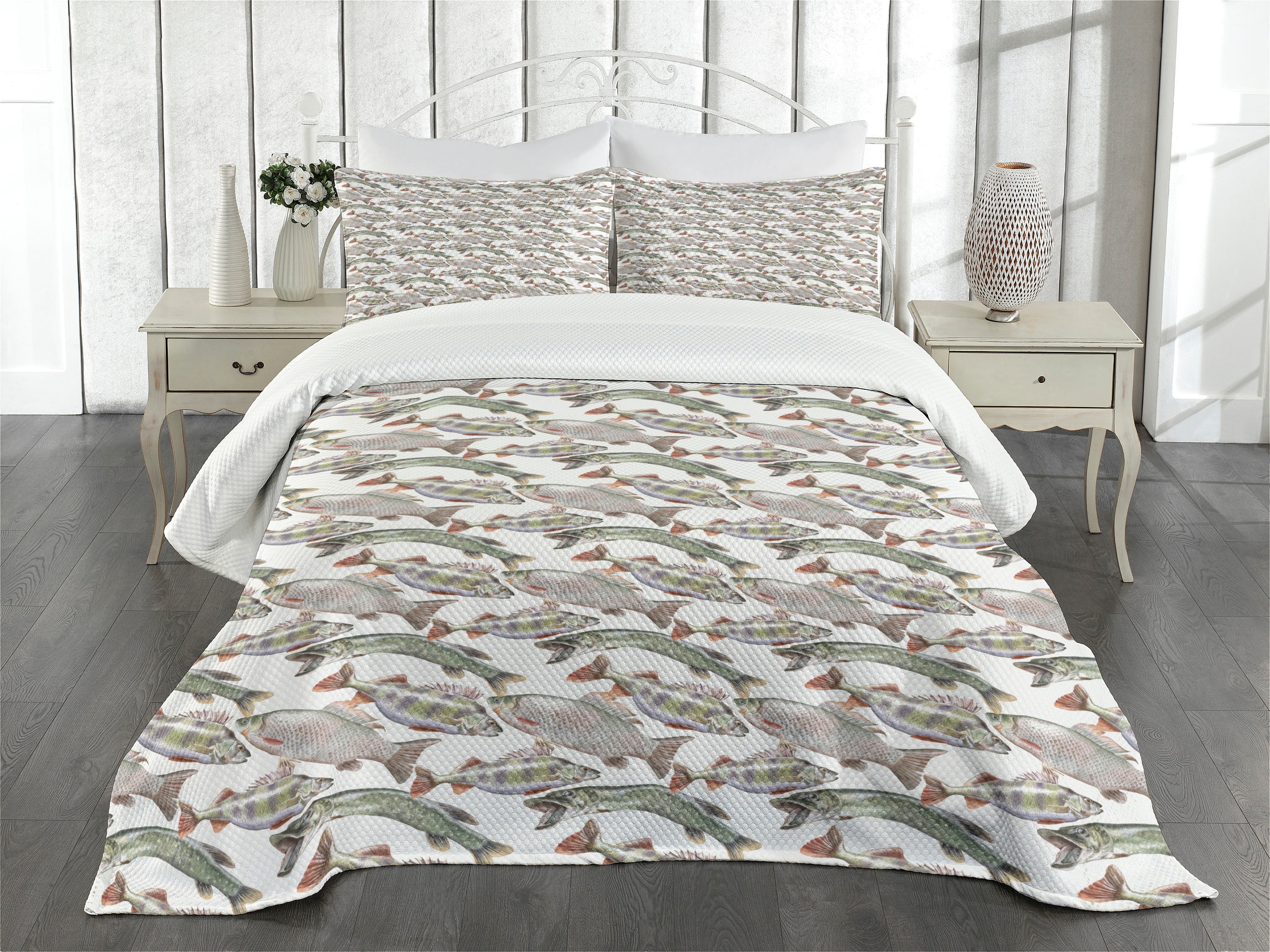 Fishes Bedspread Set Queen Size, Watercolor Common Carp Perch and Bass