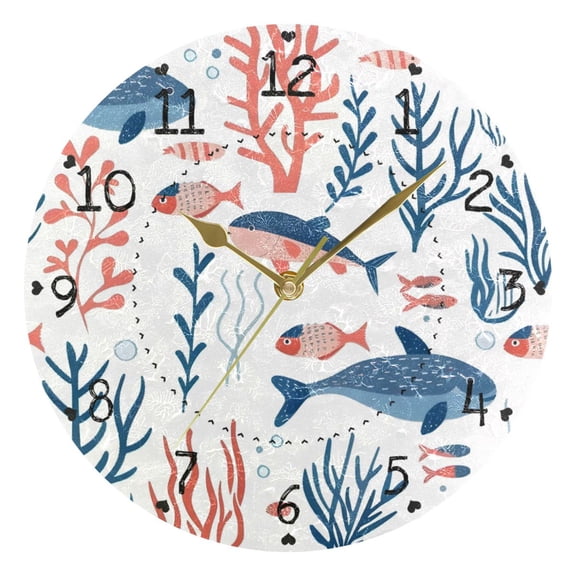 Fishes Corals Bubbles Round Wall Clock Silent Analog Battery Operated Gold Pointer Home Decor 9.84" Diameter