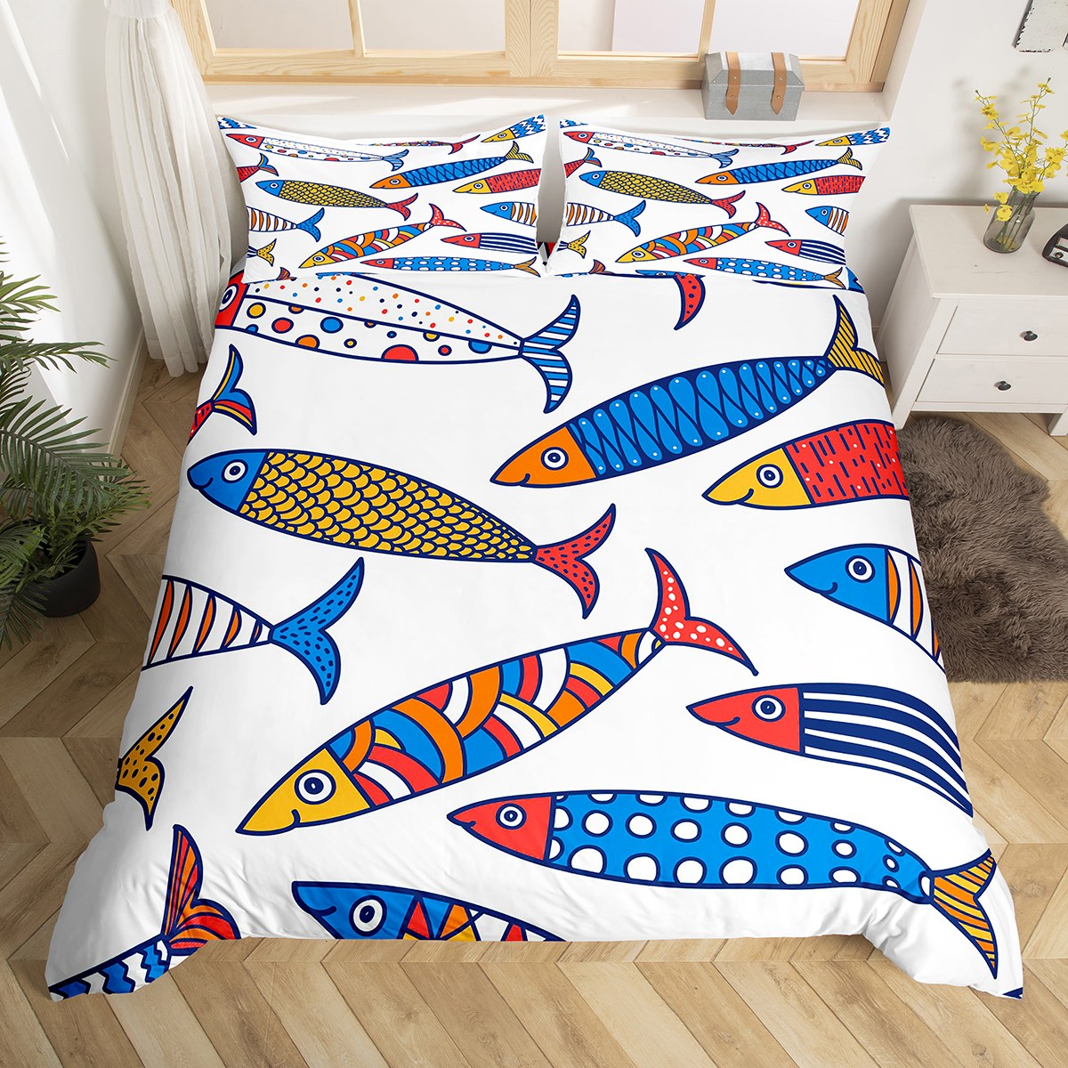 Fishes Duvet Cover Full, Aztec Bedding Traditional Fish Comforter Cover