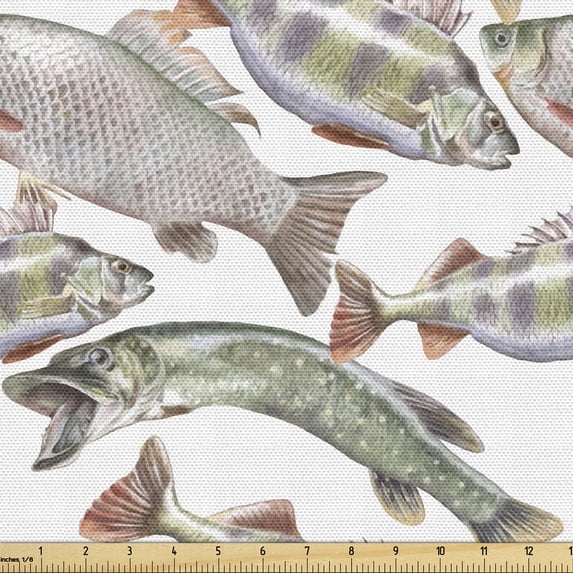 Ambesonne Fishes Fabric by the Yard Upholstery, Carp Perch and Bass, 3 Yards, Multicolor