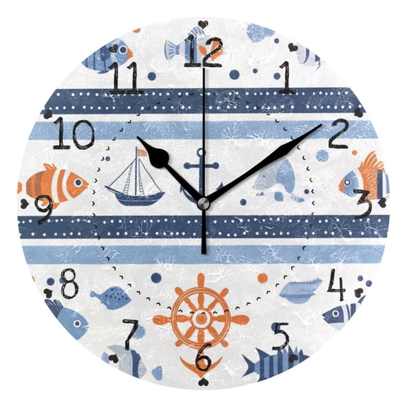 Fishes Kellegs Rudders Cartoon Round Wall Clock Silent Analog Battery Operated Black Pointer Home Decor 9.84" Diameter