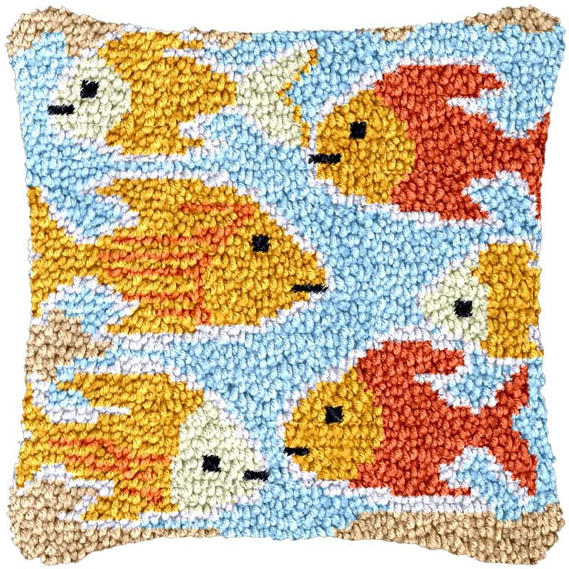 Fishes Pattern Latch Hook Pillow Cover Kits for Needlework Cushion Throw Pillow Cross Stitch Crochet Hook Pillowcase Rug Kits Printed Canvas Crochet Yarn Kits Needlework 17'' X 17''