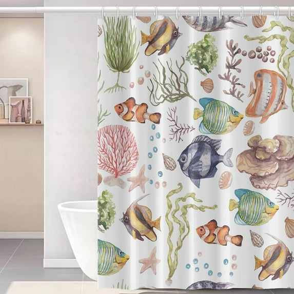 Fishes Shower Curtain for Kids Bathroom Stall Cartoon Animals Fabric Shower Curtain Set Marine Coral Green Leaves Waterproof Shower Curtain 84x72inches with Hooks