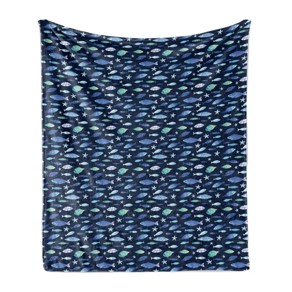 Fishes Soft Flannel Fleece Blanket, Silhouettes of Aquarium Animals in Watercolor Effect Marine Life Illustration, Cozy Plush for Indoor and Outdoor Use, 60" x 80", Navy Blue Seafoam, by Ambesonne