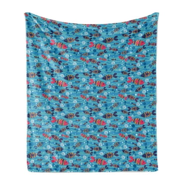 Fishes Soft Flannel Fleece Throw Blanket, Wavy Ocean Background with Rainbow Colored Sea Vertebrates Abstract Sea Animals, Cozy Plush for Indoor and Outdoor Use, 60" x 80", Multicolor, by Ambesonne