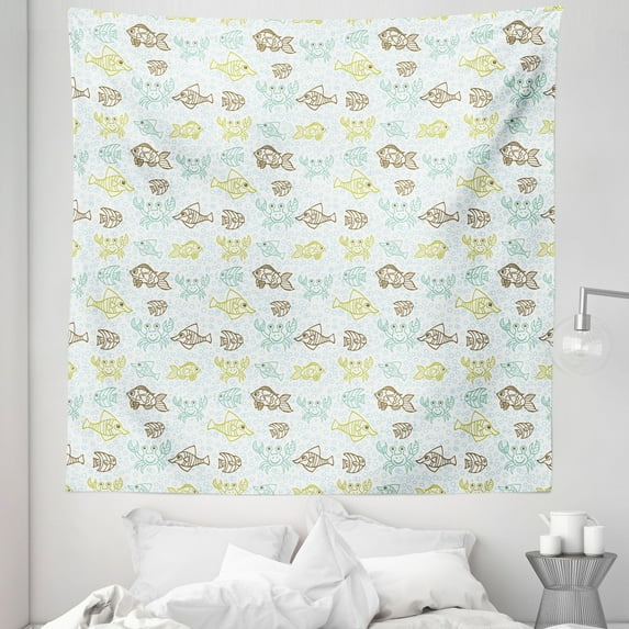 Fishes Tapestry, Aquarium Animals Tropical Fishes and Crabs on Seafoam Backdrop Aquatic Doodle Sketch, Fabric Wall Hanging Decor for Bedroom Living Room Dorm, 5 Sizes, Multicolor, by Ambesonne