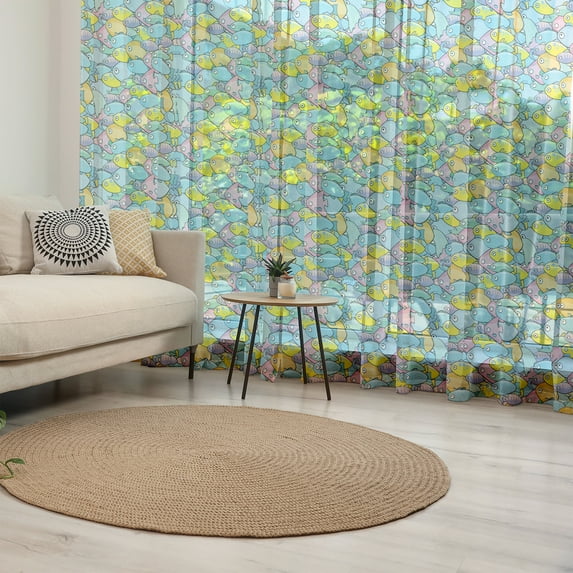 Fishes Tulle Curtains with Rod Pocket, Aquatic Animalia in Cartoon Sketch Style Maritime Themed Pattern, Sheer Drape for Wedding Party 2 Panels, 7 Sizes, Multicolor, by Ambesonne