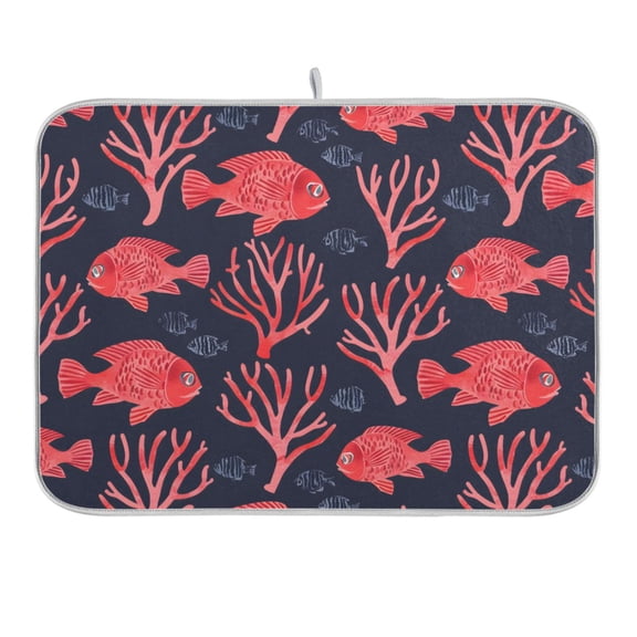 Fishes and Coral Dish Drying Mat 16x18 Absorbent Microfiber Draining Rack Pad for Kitchen Counter Sink
