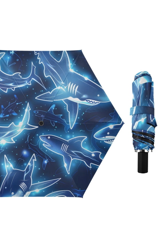 Fishes in Neon Blue Graffiti All Weather Umbrella Triple Folding Parasol 6 Ribs UV Protection Portable
