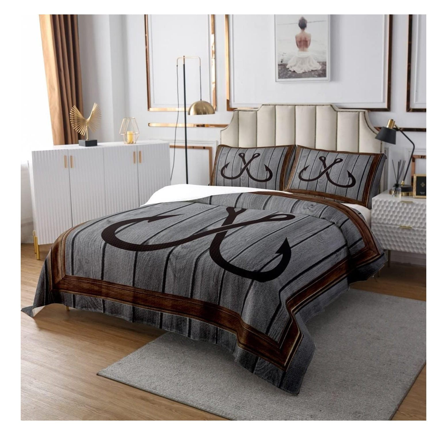 Fishhook Pattern Lightweight Quilt Set for Kids Teens,Gray Vintage Wood