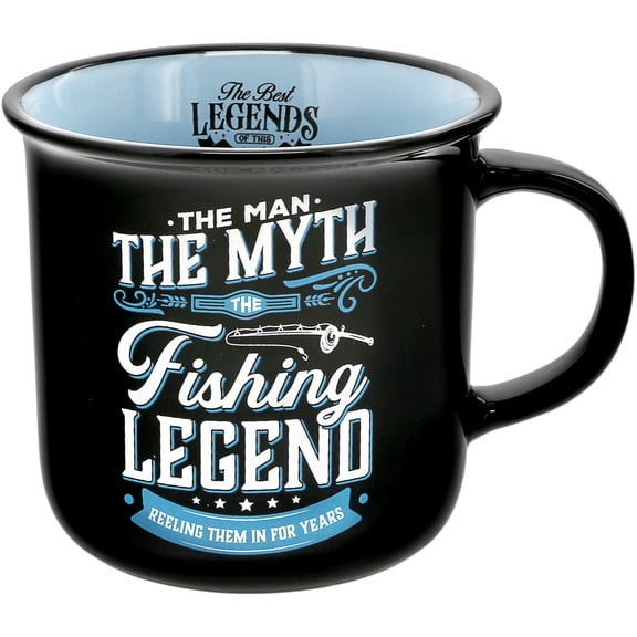 Pavilion Gift Company - Fishing Legend - Ceramic 13-ounce Campfire Mug, Double Sided Coffee Cup, Fishing Mug, Fishing Gifts For Men Funny, 1 Count (Pack of 1), 3.75 x 5 x 3.5, Black/Blue