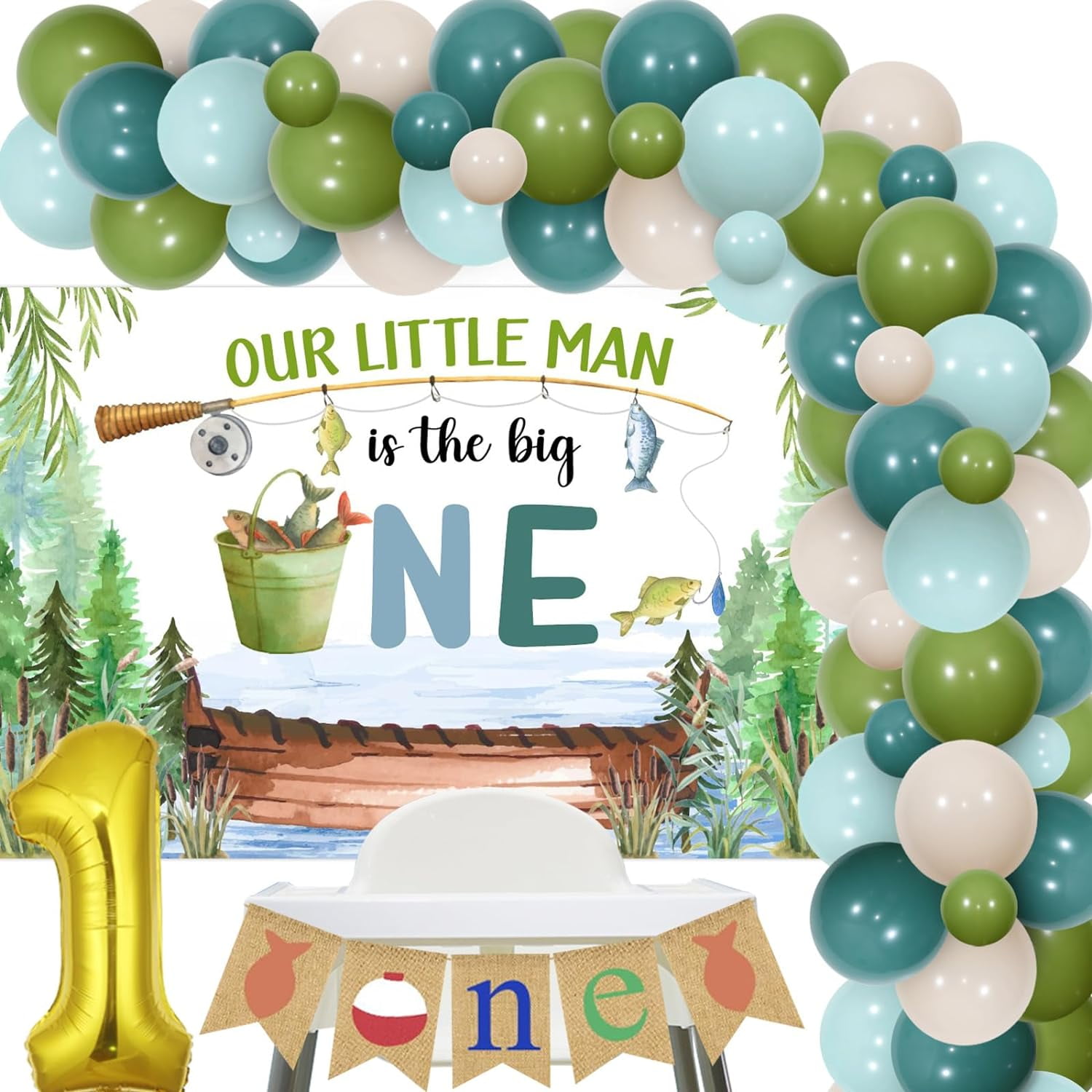 Fishing 1st Birthday Decorations, Our Little Man Is The Big One Backdrop  Gone Fishing Balloon Garland Arch Kit Retro for Boys O Fishally One First