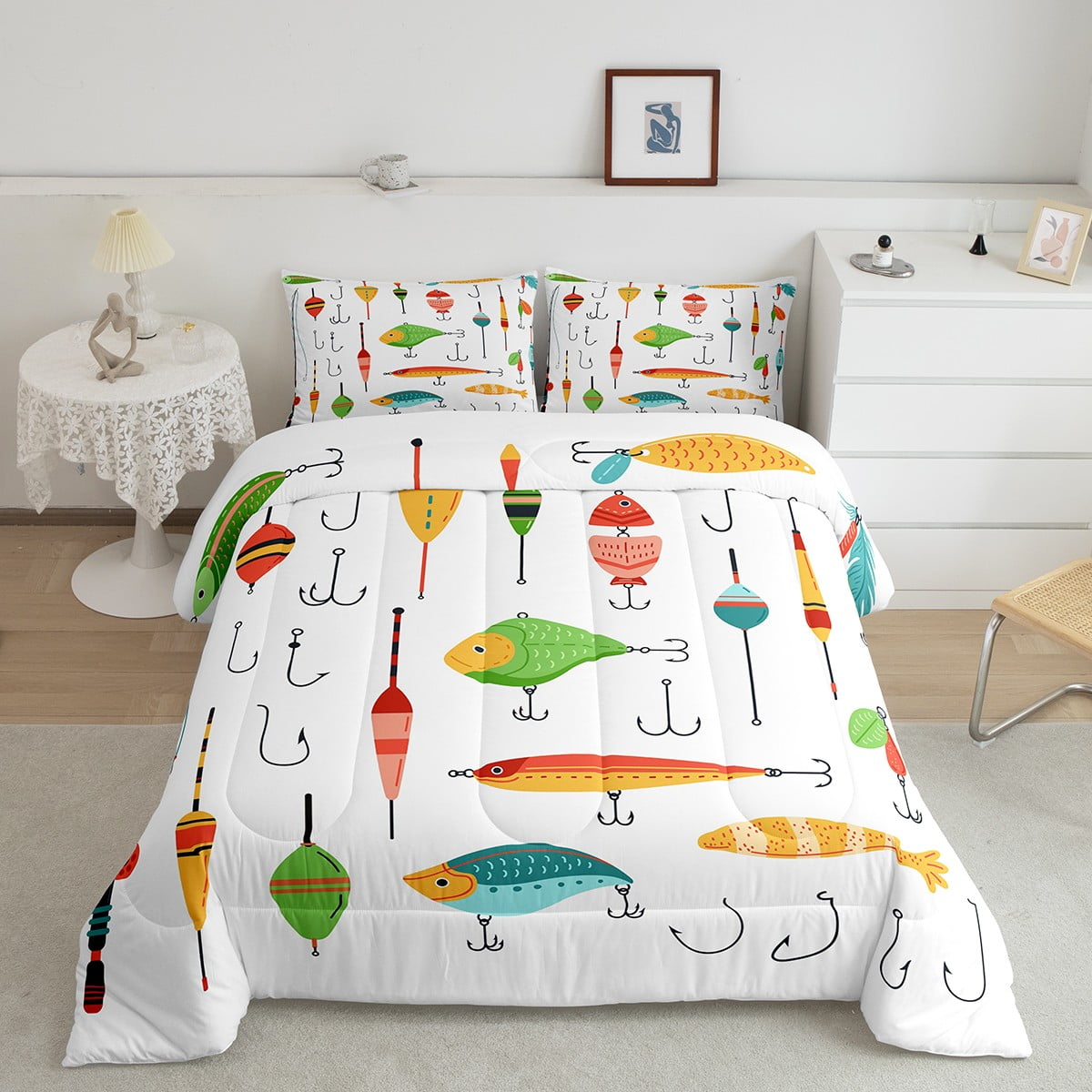 Fishing Rods Comforter Set Twin, Fishing Baits Bedding For Kids Adults,  Teal Yellow Red Fishing Tools Bedding Comforter Sets, White Fishing Hooks  Room Decor Nature Ocean Sealife Down Comforter 