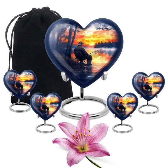Fishing Adult Cremation Funeral Heart Urn for Human Ashes, Keepsake Memorial Gift, Handcrafted Small Urns for Ash Container, Combo, Grey (10 Inch & 3 Inch Mini Set of 3)