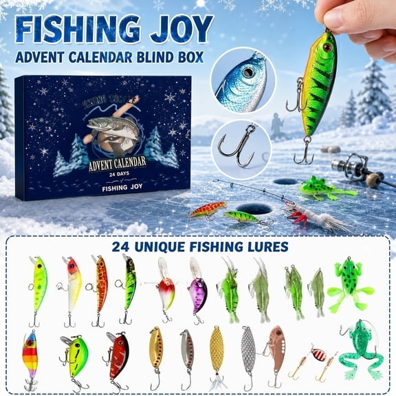 Fishing Advent Calendar 2025, 24 Day Fishing Lures Kit, Freshwater and Saltwater Fishing Gear Set for Adults Boys Teens, 13 X 11 X 2 Inch Blind Box Holiday Collection