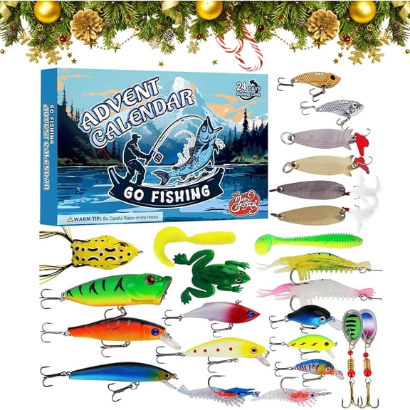 Fishing Advent Calendar 2025 Christmas for Adult Teen Boys Men, 24 Days Christmas Countdown Calendar with Fishing Lure Tackle Kit for Bass Trout, Xmas Gifts for Dad, Boyfriend, Fishermen (D)