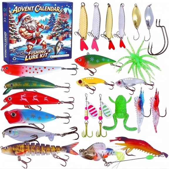 2026 24 Day Christmas Countdown Fishing Advent Calendar for Adults with Assorted Lures Baits Hooks and Spoons