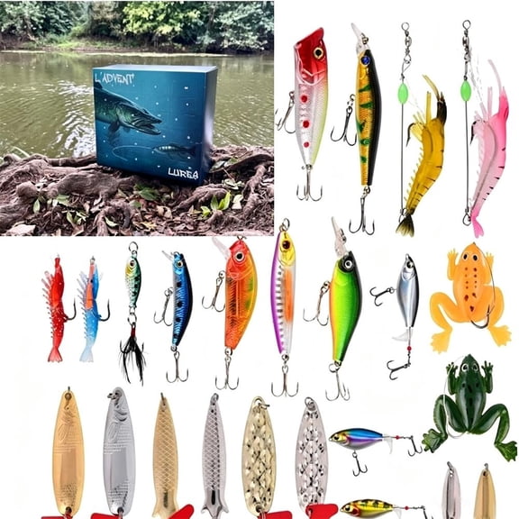 Fishing Advent Calendar, 24-Day Christmas Countdown with Assorted Fishing Lures, Holiday Fishing Gift Set for Anglers, Dads and Outdoor Fishing Fans