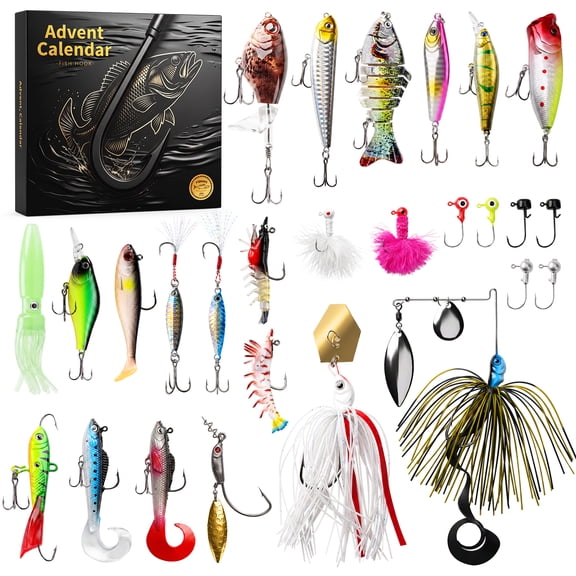Hoarosall Fishing Advent Calendar, 24 Pcs Fishing Lure Set, Christmas Countdown Fish Tackle Set, Xmas Gift for Boys Teen Men Father & Anglers