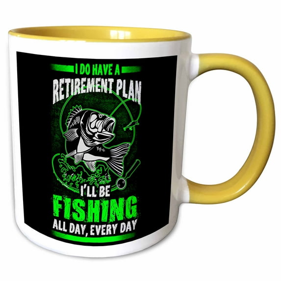 3drose, Fishing All Day Every Day Quote Fish on Green and Black Background, 11oz Two-tone Yellow Mug