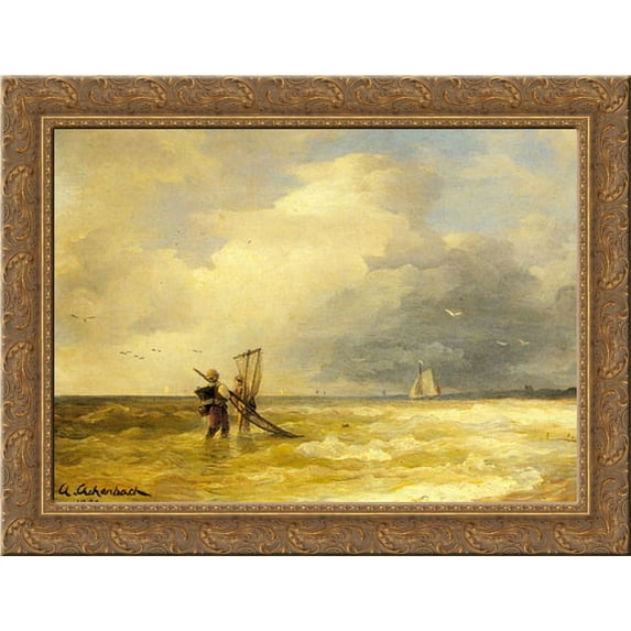 Fishing Along the Shore 24x20 Gold Ornate Wood Framed Canvas Art by Achenbach, Andreas