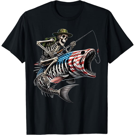 Fishing American Flag Bass Fish Skull Fisherman T-Shirt - Walmart.com