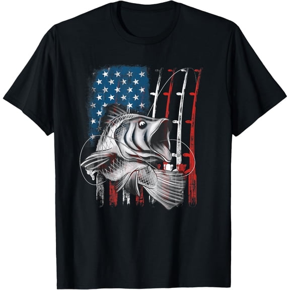 Fishing American Flag Vintage USA Bass Fisherman Tee T-Shirt Tops Tee