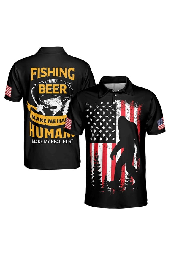 Fishing And Beer Make Me Happy Bigfoot Fishing Men's Polo Shirt S-5XL