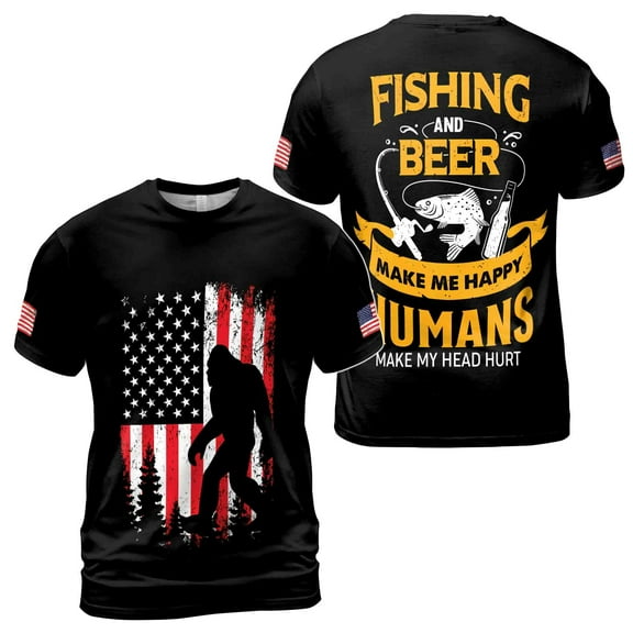 Fishing And Beer Make Me Happy Bigfoot Fishing Men's T-shirt S-5XL
