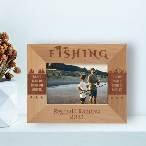 Fishing As No Man Is Born An Artist Personalized Wooden Frame -5" x 3 1/2" Brown Horizontal