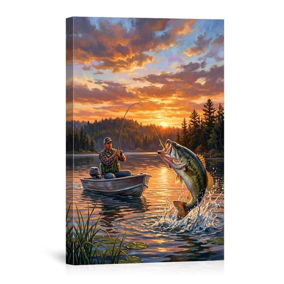 Fishing At Sunset Bass Angler In Boat Leaping Fish Lake Forest Landscape Canvas